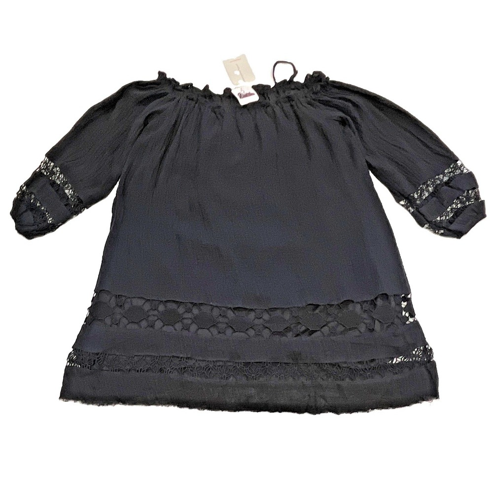 Mittoshop Womens Black Off The Shoulder Crochet Lace Trim Tunic Top Mini Dress